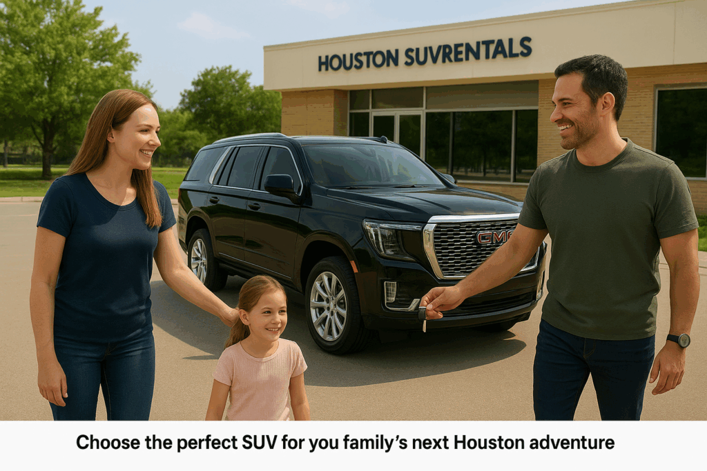 “Family picking up SUV rental from Houston SUV Rentals office”