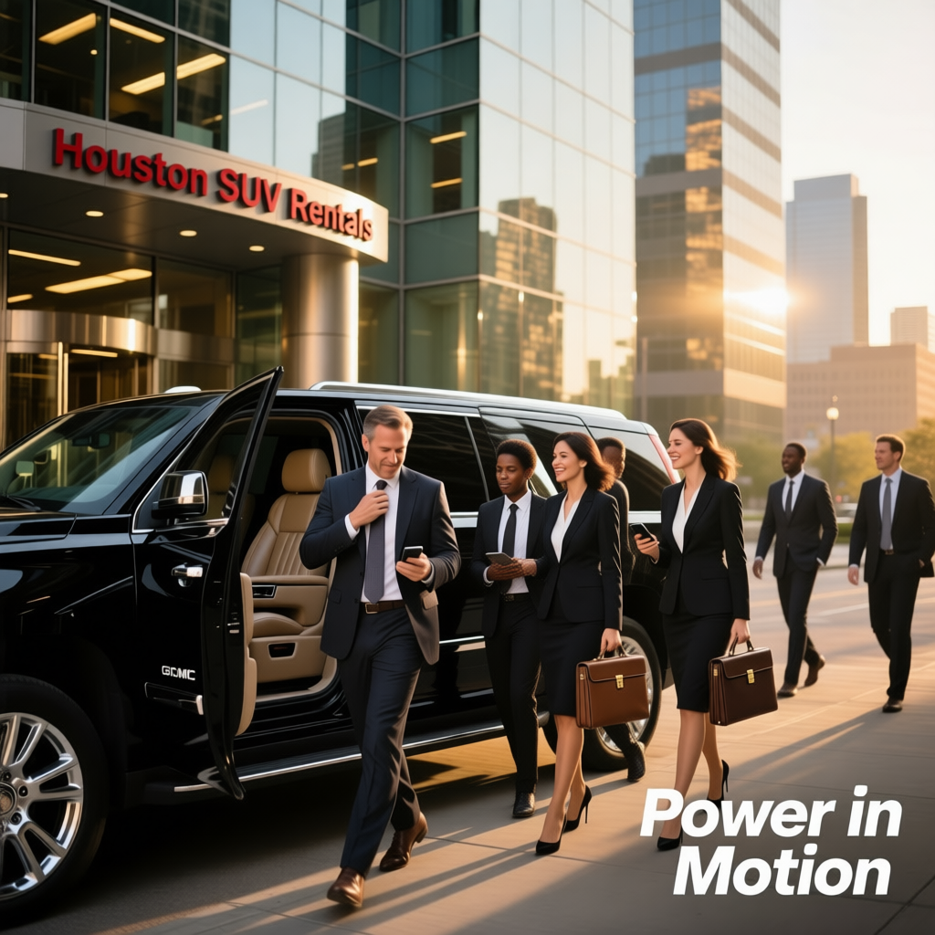 A sleek, modern SUV parked in front of Houston’s downtown skyline at sunset, with palm trees and city lights in the background.