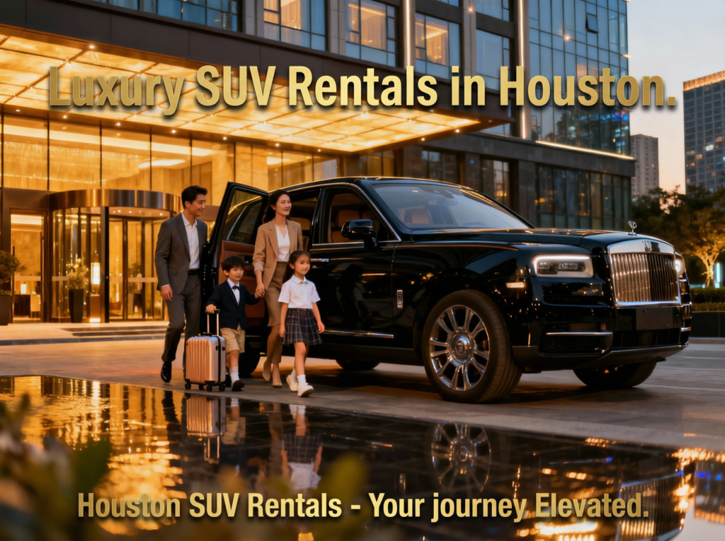 Spacious SUV rental from Houston SUV Rentals with the cargo area open, loaded with luggage, a stroller, and golf clubs, perfect for a family or group vacation.