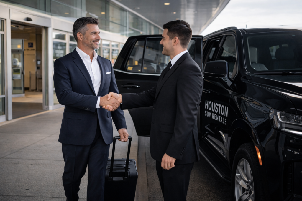 A black executive SUV rental from Houston SUV Rentals parked in front of a gleaming downtown Houston skyscraper, ideal for corporate travel.