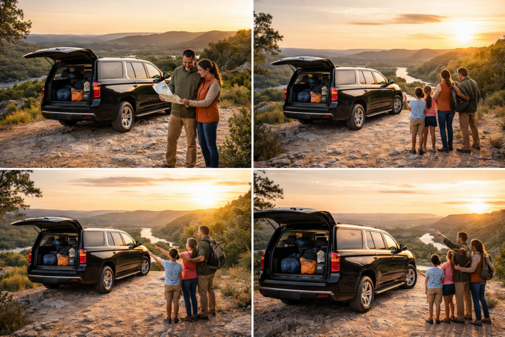 A family unloading camping and beach gear from the back of a spacious SUV rental from Houston SUV Rentals, with a sunset in the background.