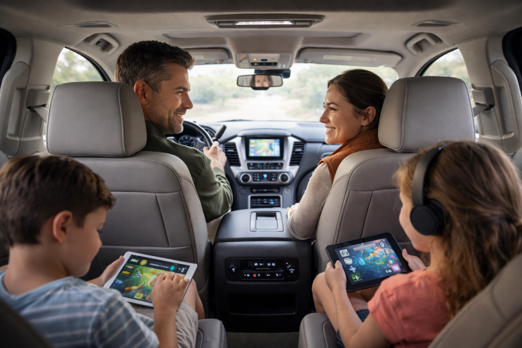 A family enjoying a road trip in a spacious SUV rental from Houston SUV Rentals, driving on a scenic highway with a Texas landscape in the distance.