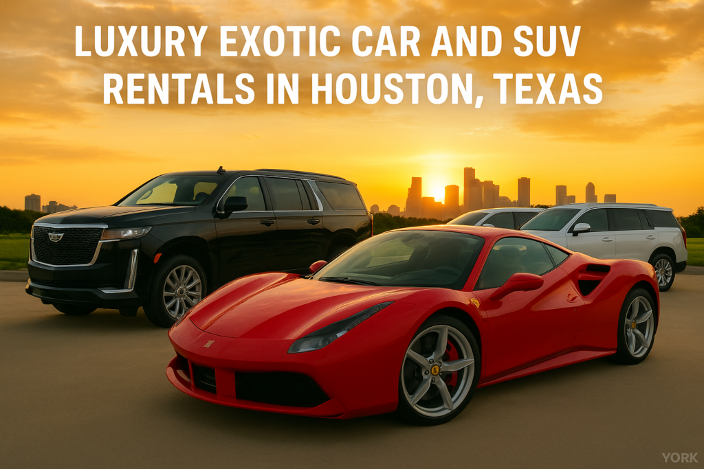Red exotic sports car rental with the Houston skyline in the background.