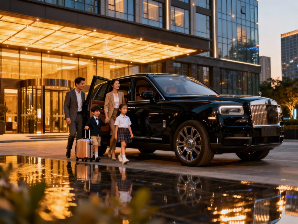 Family loading luggage into a luxury SUV rental before a Houston road trip.