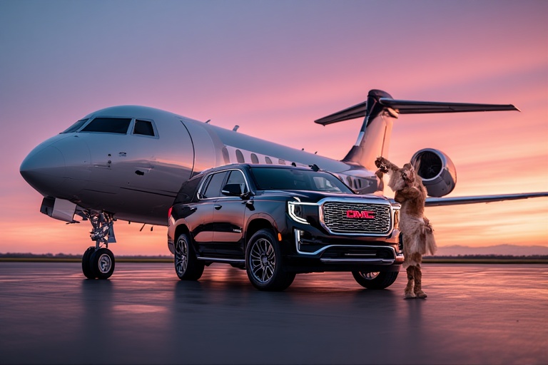 A black executive SUV rental from Houston SUV Rentals parked in front of a gleaming downtown Houston skyscraper, ideal for corporate travel.