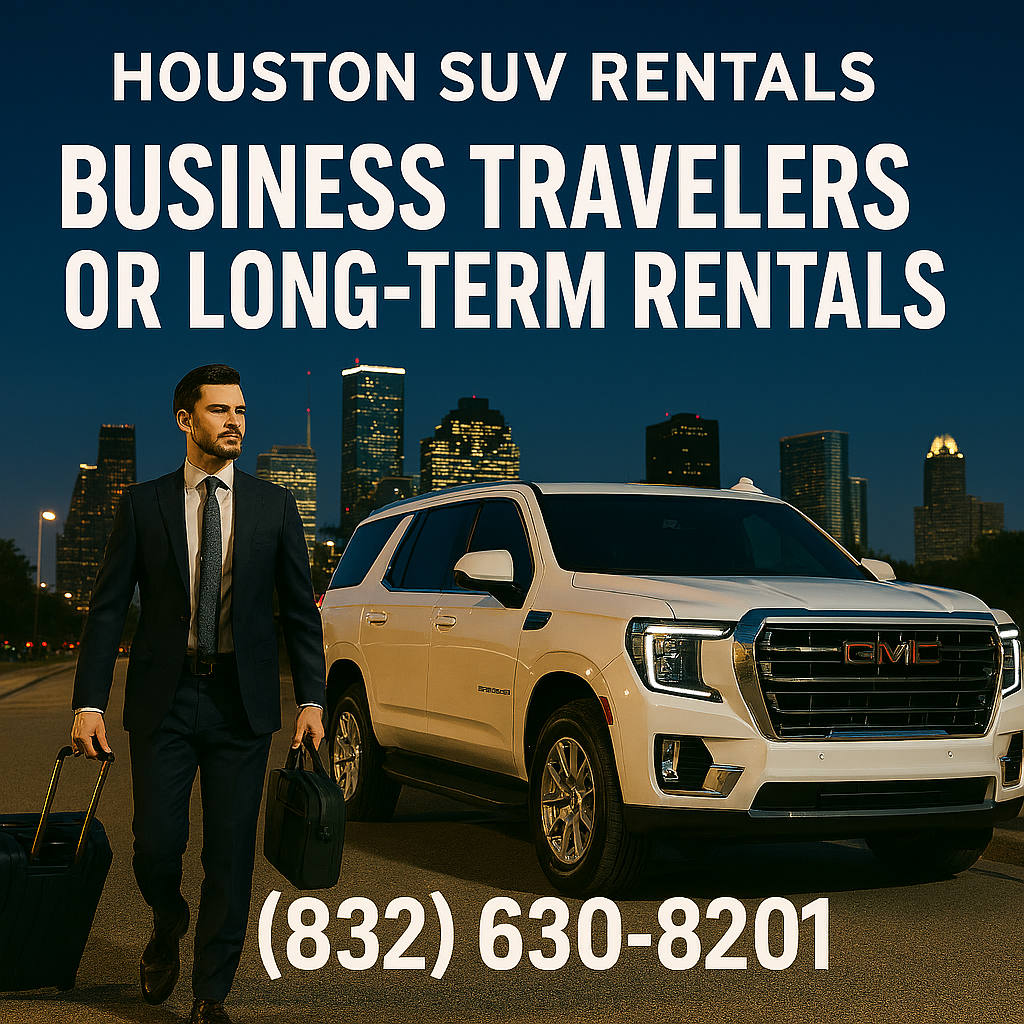 White SUV and businessman with luggage in front of Houston skyline at dusk.