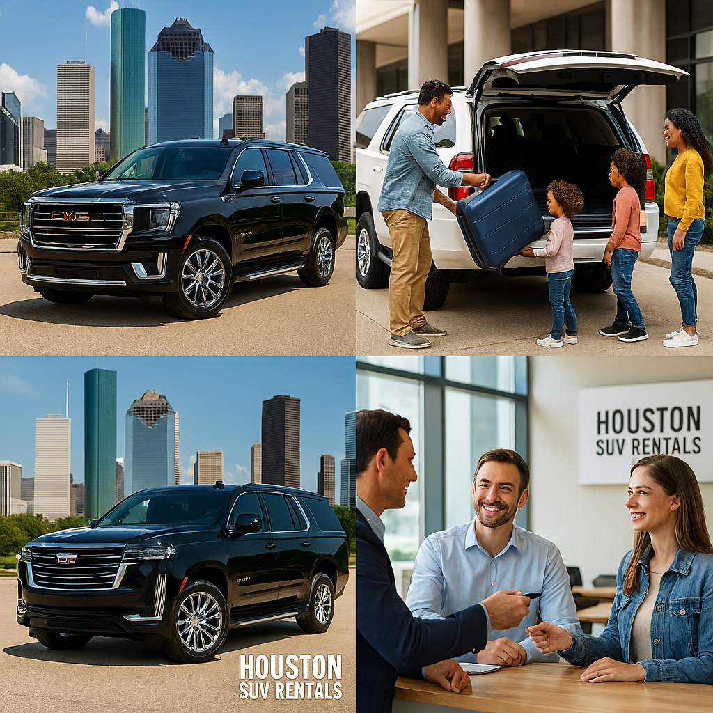 Family loading colorful luggage into SUV on sunny suburban street.