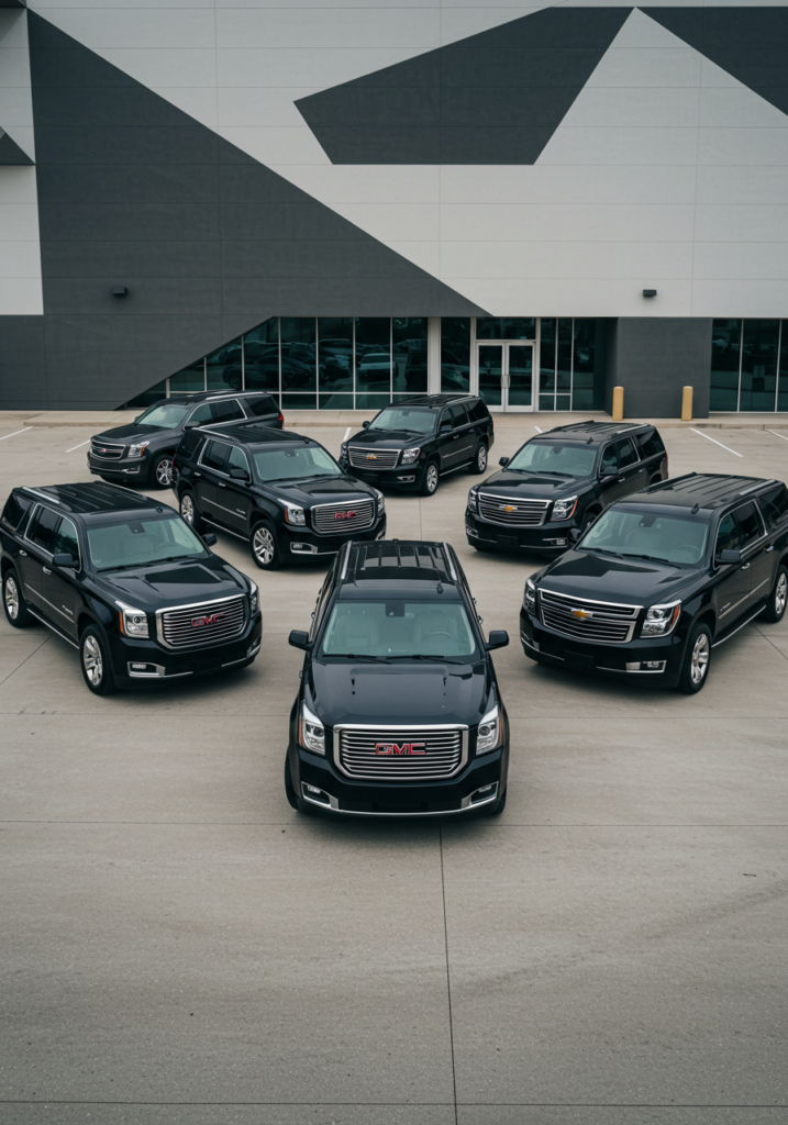 Lineup of Houston SUV Rentals vehicles parked outside the office in Houston, Texas.