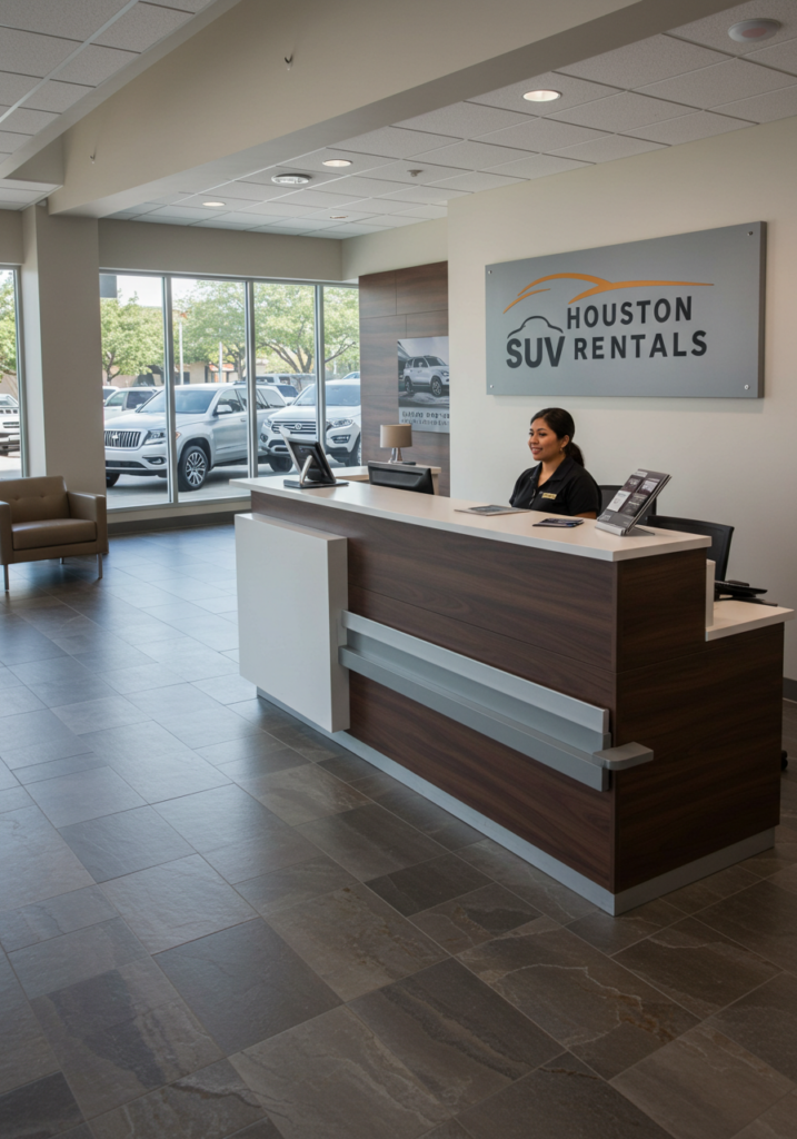 Reception area inside the Houston SUV Rentals office with a front desk and friendly staff member ready to assist customers.
