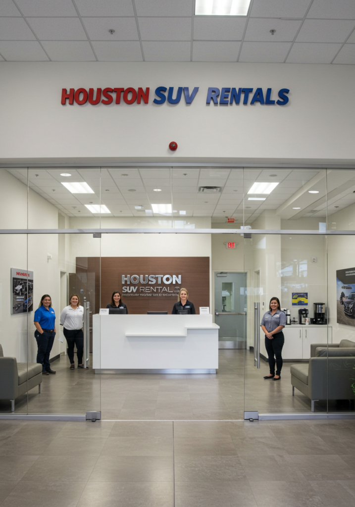 Exterior view of the Houston SUV Rentals office building with signage and parked SUVs in Houston, Texas.