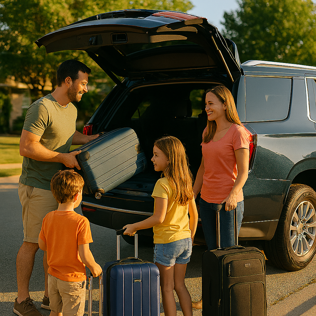 Family loading colorful luggage into SUV on sunny suburban street.