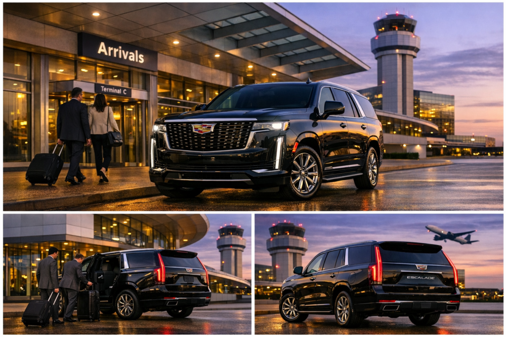 A black 2026 Cadillac Escalade luxury SUV parked outside the arrivals terminal at George Bush Intercontinental Airport (IAH), with passengers and luggage nearby, under cinematic lighting and modern architecture.