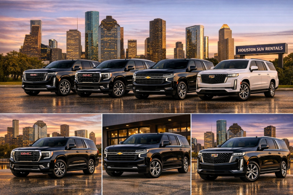 "2026 black Cadillac Escalade with bold chrome grille, Cadillac crest emblem, vertical LED headlights, sharp body lines, and large multi-spoke alloy wheels — three-quarter front view against twilight sky"