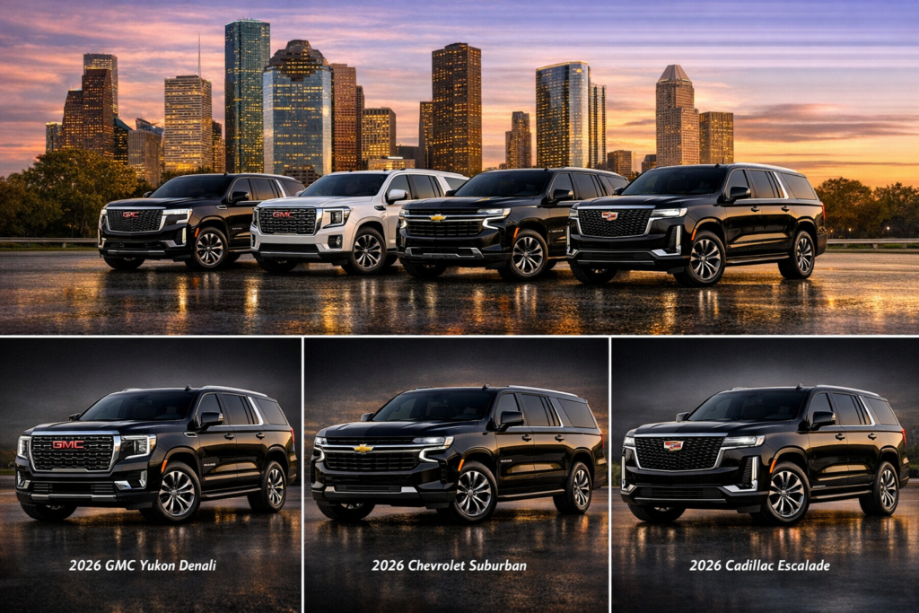 "2026 black Chevrolet Suburban with chrome grille, Chevrolet bowtie emblem, elongated body, roof rails, tinted windows, and polished alloy wheels — three-quarter front view"