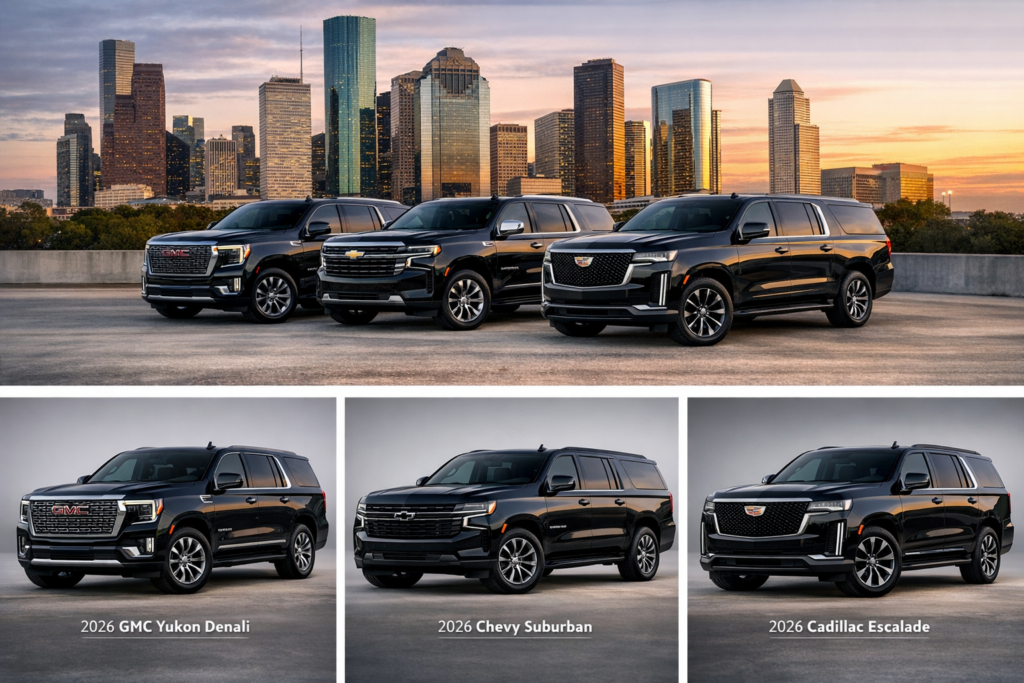 "2026 black GMC Yukon Denali with chrome grille, red GMC logo, Denali badging, LED headlights, and polished multi-spoke alloy wheels — three-quarter front view on Houston waterfront"