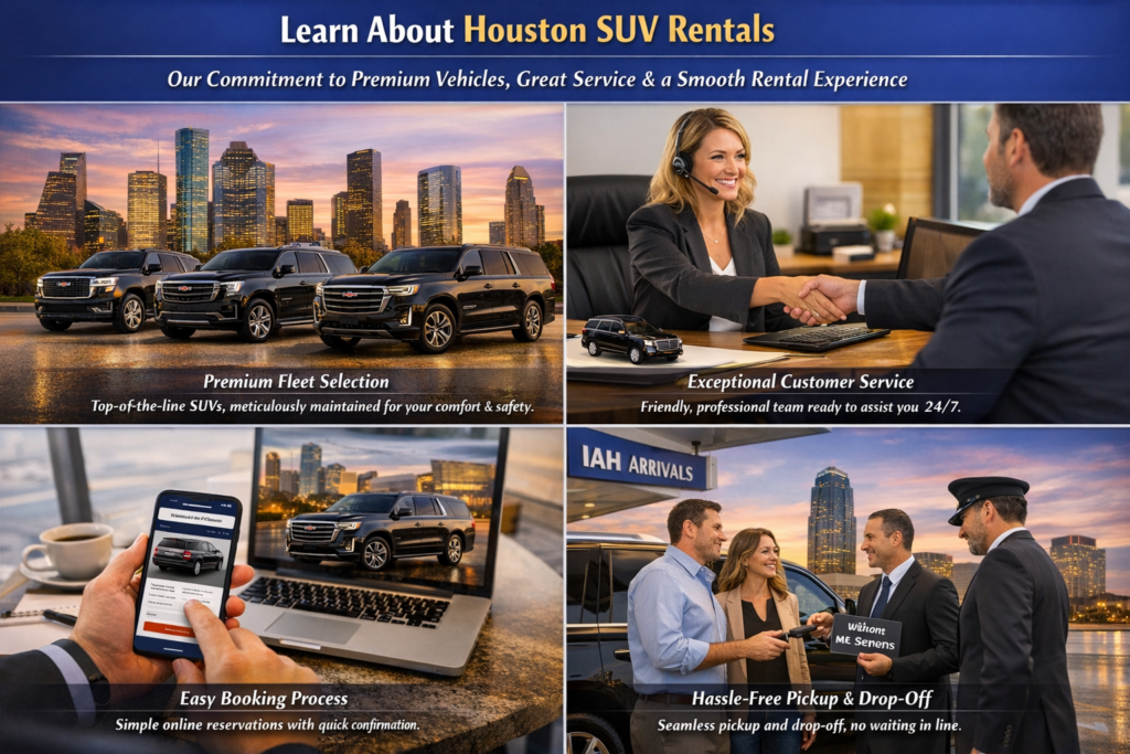"Houston SUV Rentals brand overview collage showing a premium fleet of Escalade, Yukon, and Tahoe in a showroom, friendly customer service agent handing keys, easy online booking on a laptop, and seamless curbside pickup with chauffeur"