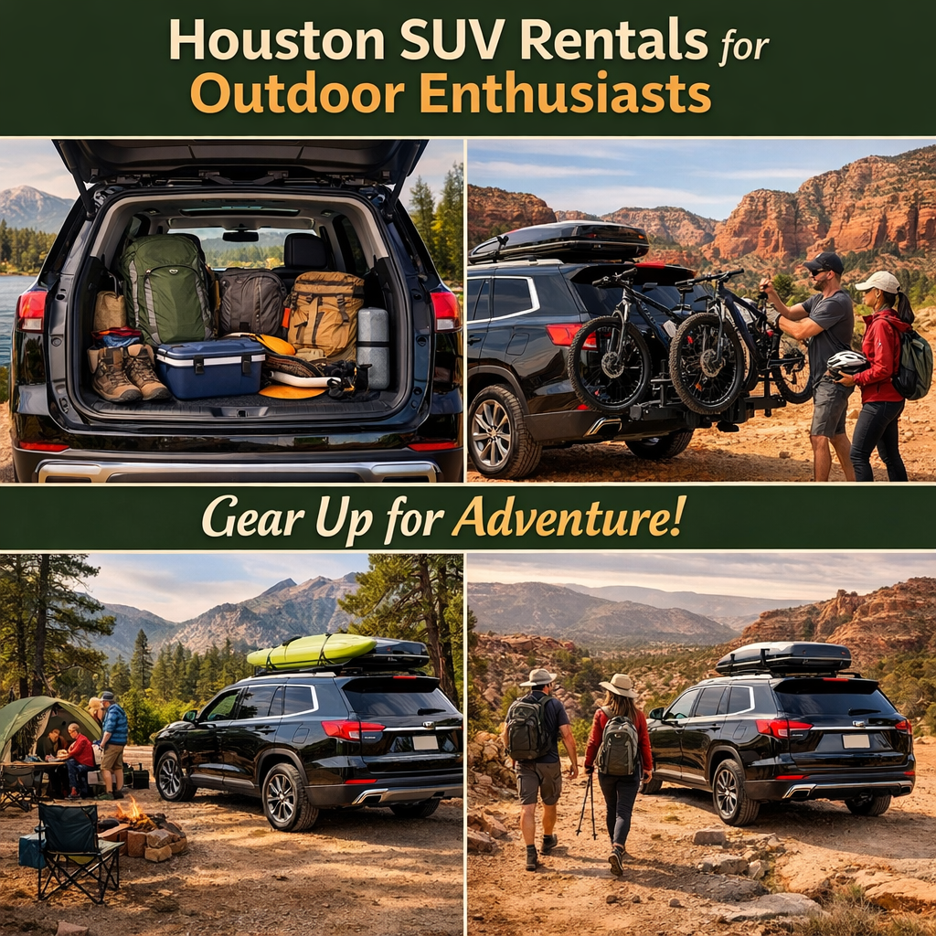 Houston SUV rental trunk packed with camping gear including backpacks, sleeping bags, tent, and cooler near a Texas campsite