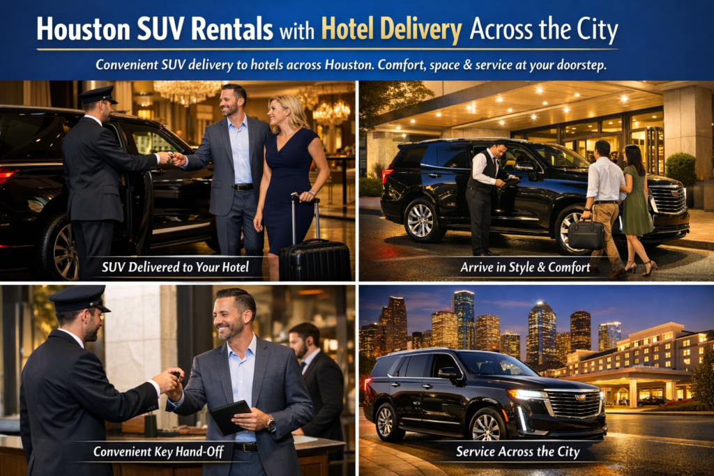 "Black luxury SUV parked with the illuminated Houston skyline at twilight showcasing citywide hotel delivery coverage for Houston SUV Rentals"