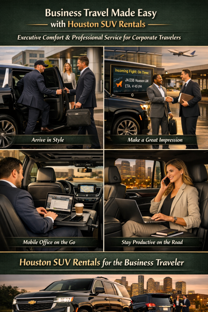 "Business executives arriving at a Houston conference center in a sleek black luxury SUV making a powerful first impression"