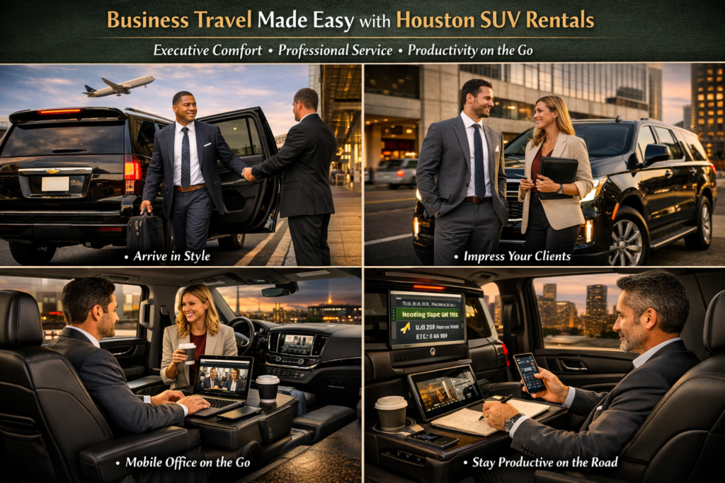 "Chauffeur holding the door open for a businessman stepping out of a luxury SUV at a Houston airport terminal for a corporate transfer"