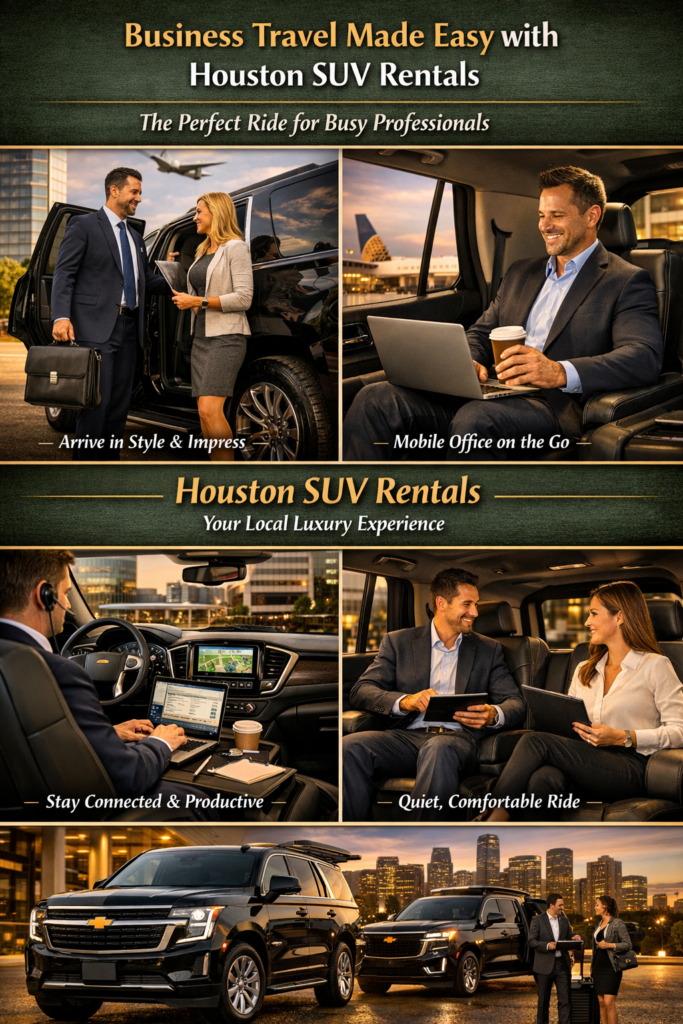 "Group of business professionals arriving together in a spacious Houston rental SUV for a corporate meeting with office buildings in the background"