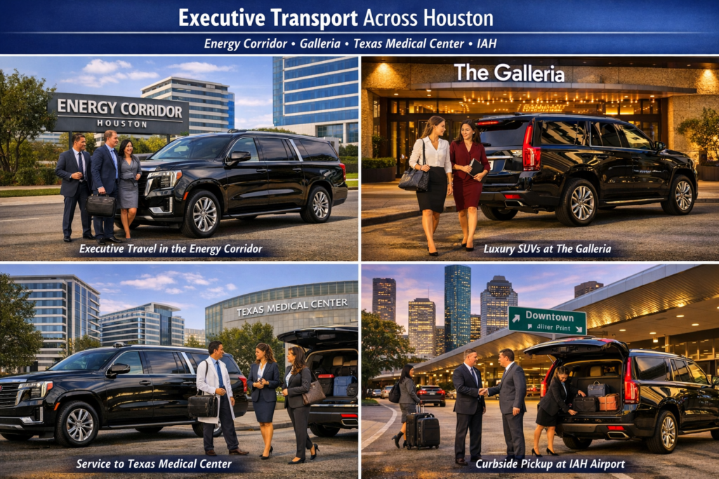 "Group of business executives in suits standing beside a spacious black luxury SUV outside a modern Houston office building preparing for a corporate team transfer"