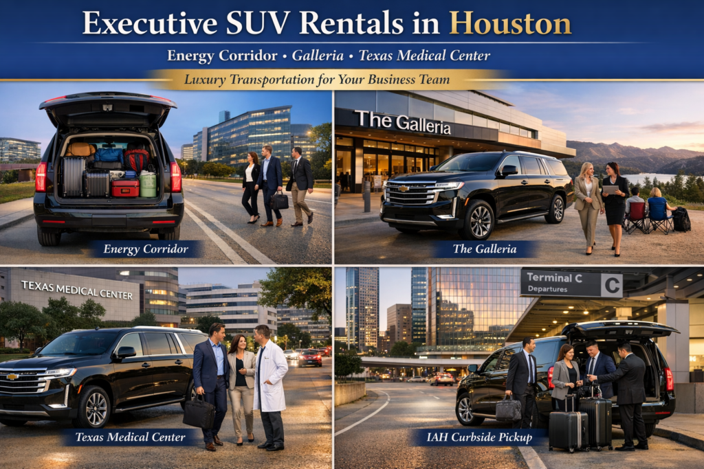 "Professional chauffeur assisting business executives with luggage at George Bush Intercontinental Airport IAH curbside next to a black luxury SUV with terminal signage and airplane in the background"
