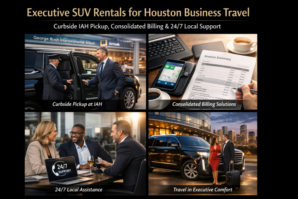 "Professional chauffeur greeting a businessman with a rolling suitcase at George Bush Intercontinental Airport curbside next to a sleek black luxury SUV with IAH terminal signage visible"