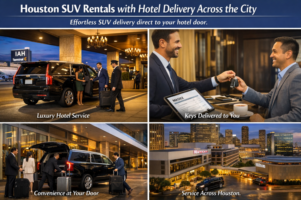 "Sleek black luxury SUV parked at a modern downtown Houston hotel entrance at dusk with the illuminated city skyline in the background and a bellhop assisting guests"