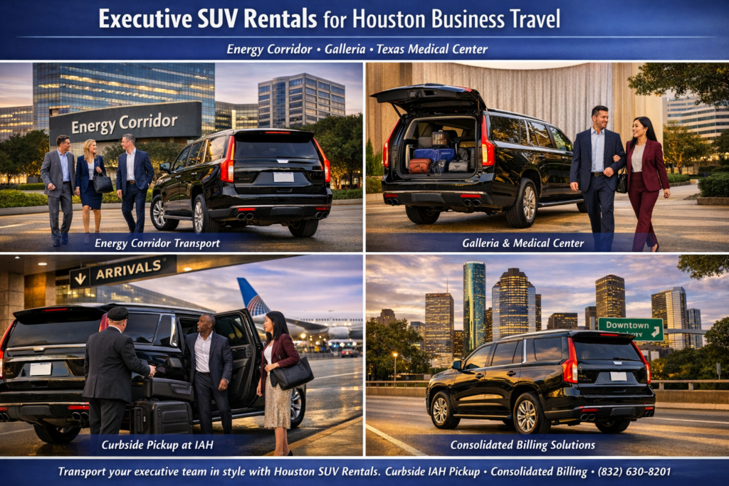 "Black luxury SUV parked in front of Houston's Energy Corridor office buildings with three business professionals carrying briefcases walking toward the vehicle"