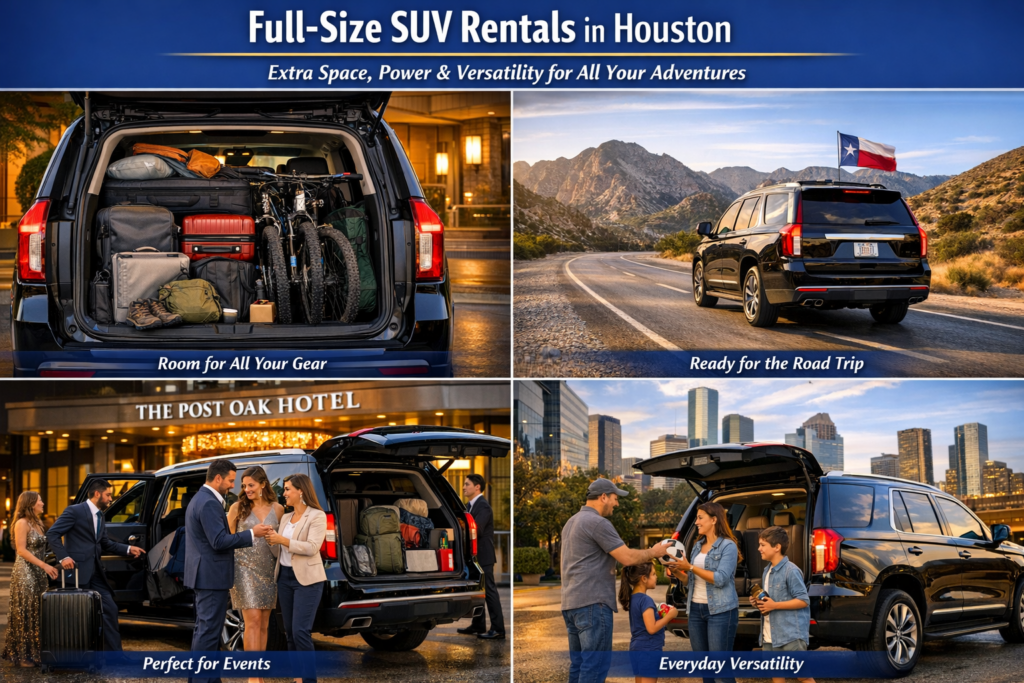 "Elegantly dressed couple stepping out of a full-size black SUV at a Houston event venue with string lights and a red carpet in the background"