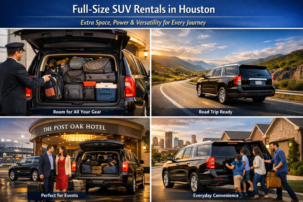 "Full-size black SUV driving through downtown Houston streets with skyscrapers in the background showcasing commanding road presence and everyday versatility"