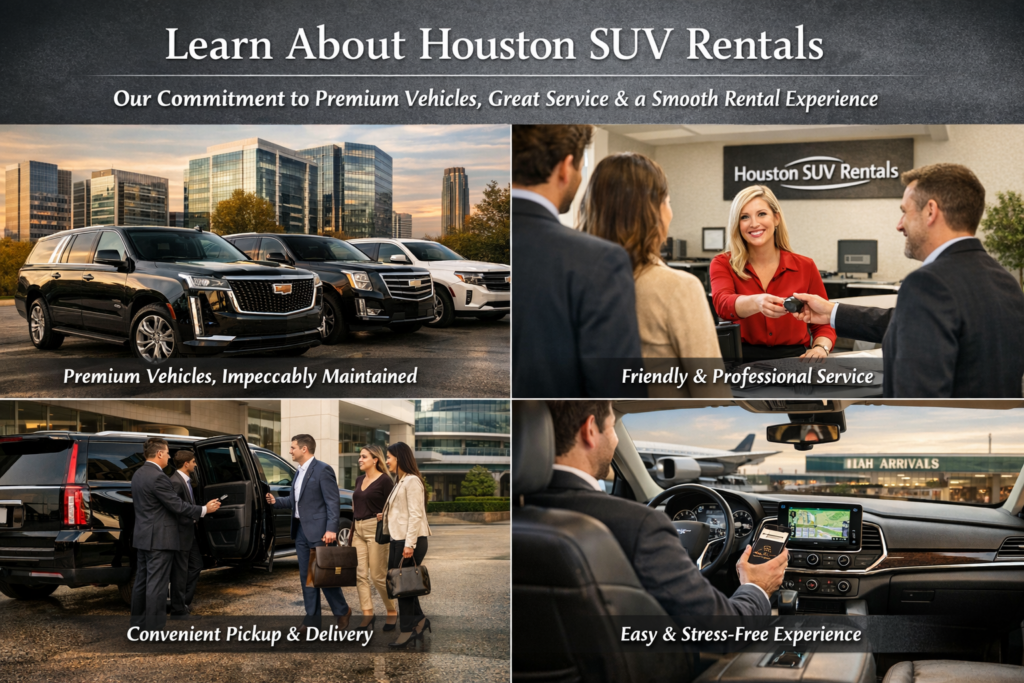 "Smiling Houston SUV Rentals representative handing car keys to a happy couple at the rental counter with a Houston SUV Rentals sign in the background"