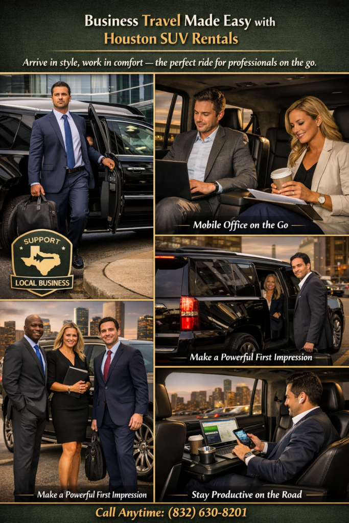 Houston SUV Rentals business travel collage showing executive stepping out of luxury SUV, mobile office interior, corporate impression, and productivity on the go
