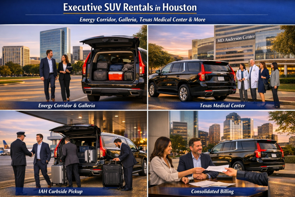 "Sleek black executive SUV parked with the illuminated Houston skyline at twilight with business professionals and a chauffeur showcasing Houston SUV Rentals first-class citywide executive service"