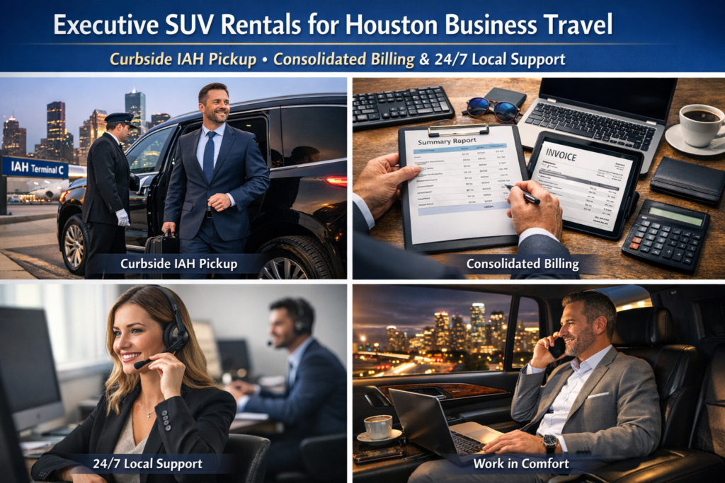 "Houston SUV Rentals executive business travel collage showing curbside IAH airport pickup with chauffeur, consolidated billing invoice, 24/7 local support representative, and businessman working in luxury SUV"