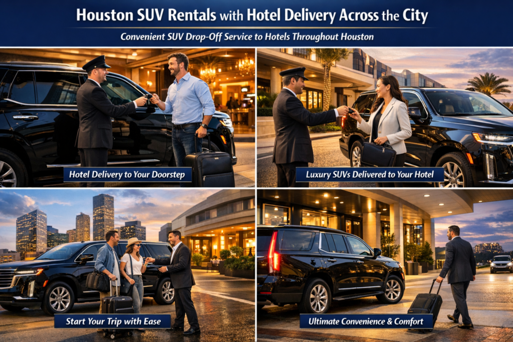 "Family loading luggage into a Houston rental SUV at a resort-style hotel with palm trees, a pool, and lush greenery in the background"