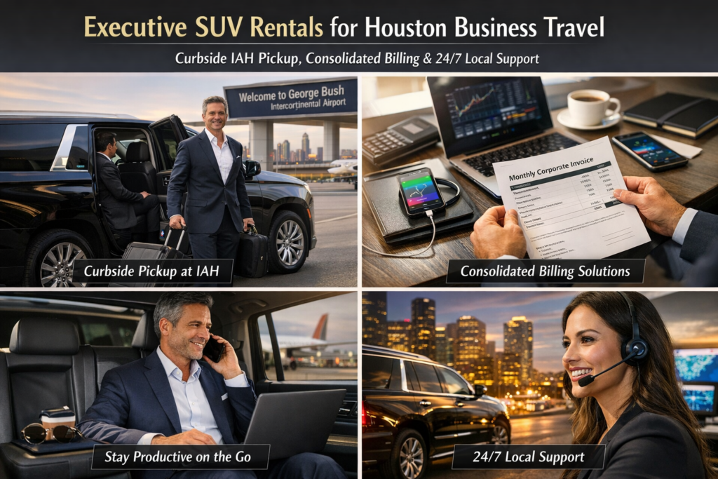 Sleek black executive SUV parked with the illuminated Houston skyline at twilight with a businessman stepping out in a tailored suit — Houston SUV Rentals first-class business travel service"