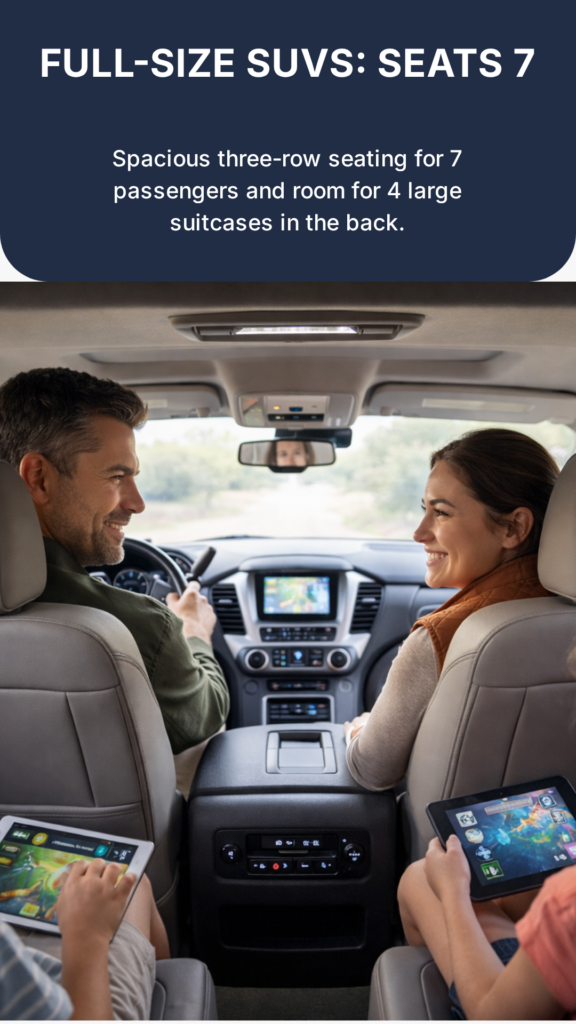 "Smiling couple seated comfortably inside a Houston rental SUV with a Reservation Confirmed notification on a smartphone — satisfied and ready to drive"