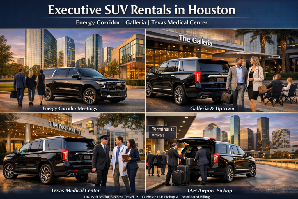 "Sleek black executive SUV parked near the Galleria and Williams Tower in Houston with two business professionals conversing beside the vehicle at dusk"
