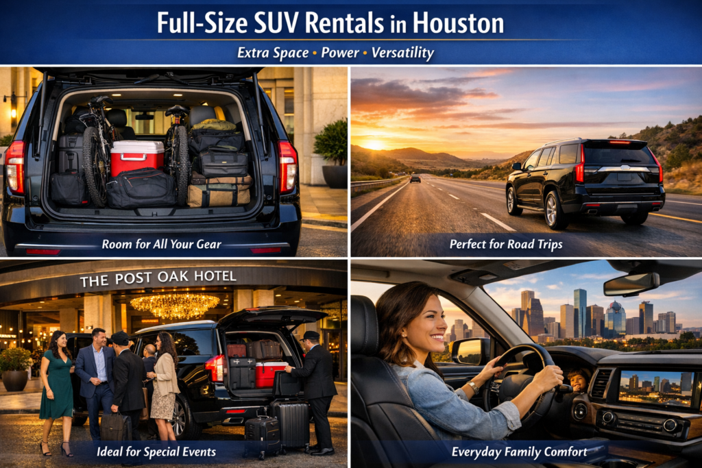 "Group of friends and family standing beside a full-size Houston rental SUV with the downtown skyline in the background ready for a group outing"