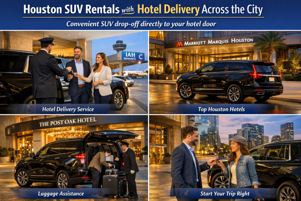 "Houston SUV Rentals hotel delivery collage showing bellhop key handoff at luxury hotel entrance, SUV parked at top Houston hotels, luggage assistance, and couple starting their trip with curbside delivery"
