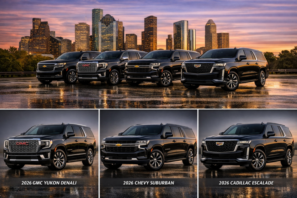 "Houston SUV Rentals fleet of four black luxury SUVs — Cadillac Escalade, GMC Yukon Denali, Chevrolet Suburban, and Chevrolet Tahoe — parked in a row on a reflective surface with the Houston skyline at sunset"