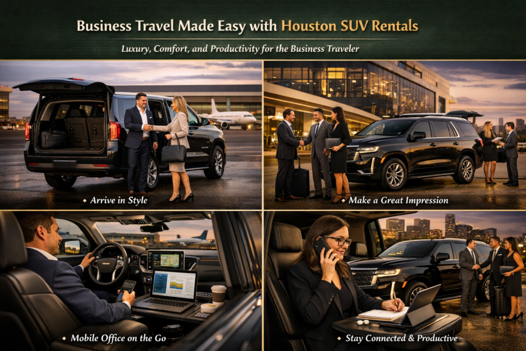 "Black luxury SUV parked with the Houston skyline at dusk with a business executive stepping out in a tailored suit"