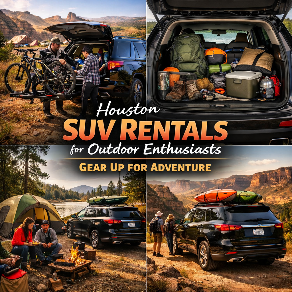 Houston rental SUV parked at a scenic Texas lakeside campsite with tent, campfire, and kayaks on the roof