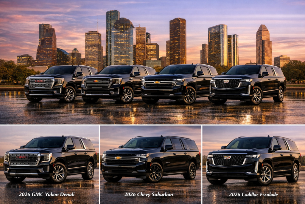 "Houston SUV Rentals mixed fleet of black and white luxury SUVs including Cadillac Escalade, GMC Yukon, and Chevrolet Suburban parked with chrome accents gleaming against the Houston skyline"