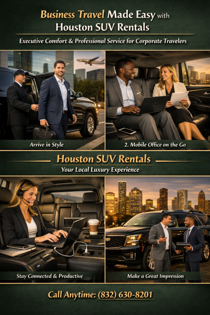 Business professionals working on laptops and tablets inside a quiet luxury SUV cabin with Wi-Fi and USB charging during a Houston SUV rental