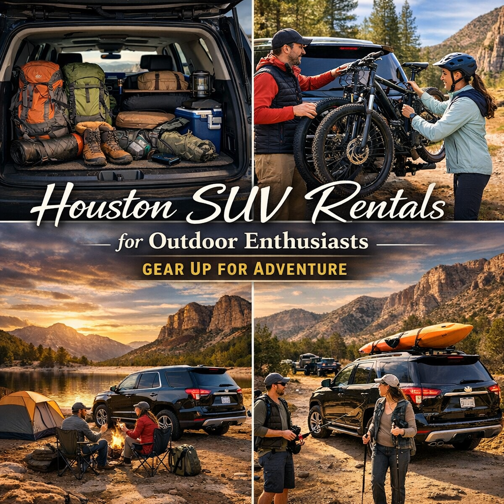 Couple loading mountain bikes onto a Houston rental SUV bike rack with rugged Texas trail in the background