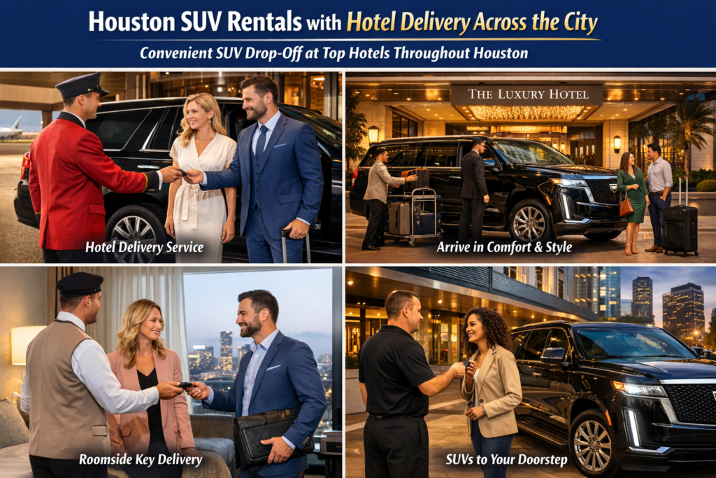 "Houston SUV Rentals delivering a luxury SUV to a well-lit Houston hotel entrance at night with a valet handing keys to arriving guests under elegant lighting"