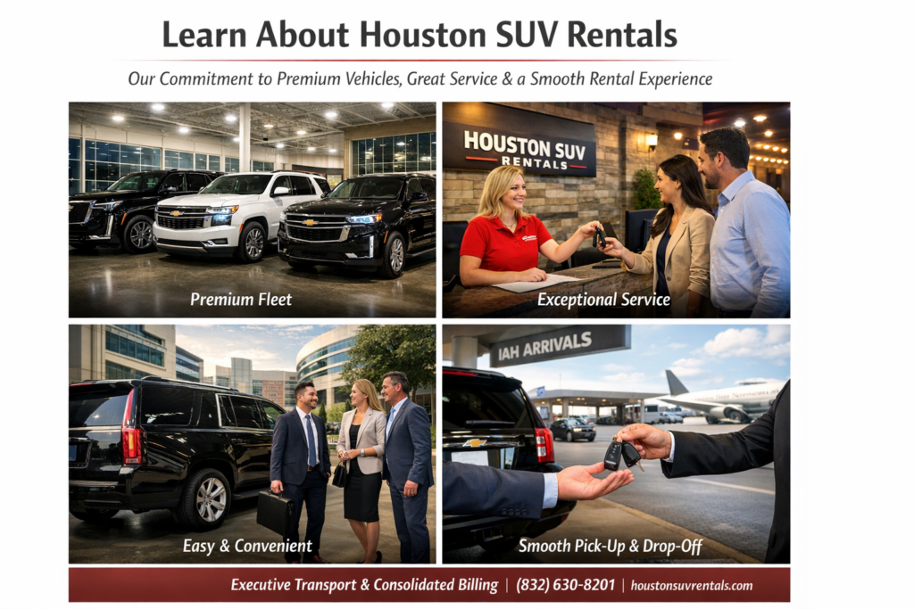 "Row of premium luxury SUVs including a black Cadillac Escalade, white GMC Yukon, and black Chevrolet Tahoe polished and lined up in the Houston SUV Rentals showroom with the Houston skyline in the background"